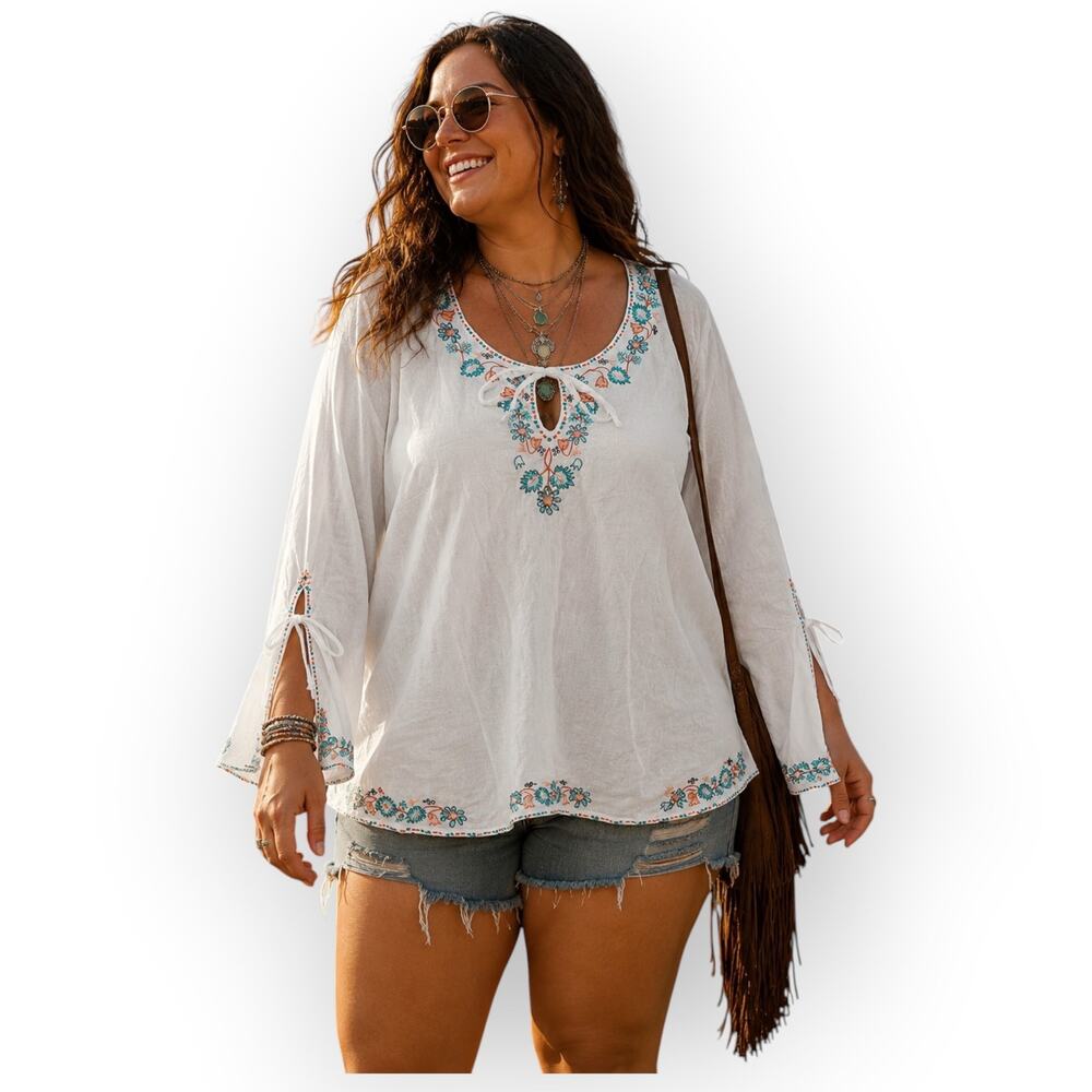 Sutton Studio Bloomingdale's Boho White Embroidered Split Bell Sleeve Top Size L